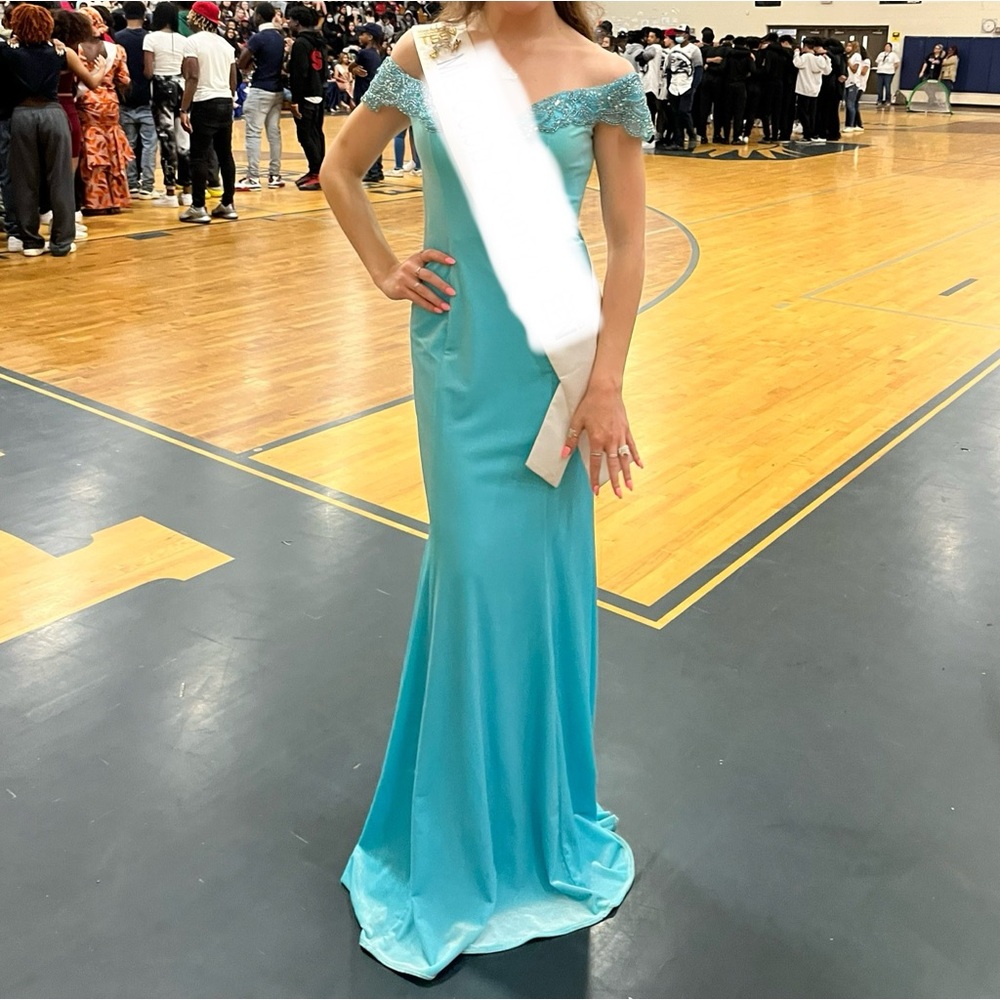 Angela & Alison Turquoise Velvet Gown w/Beaded Sweetheart Off-Shoulder Neckline